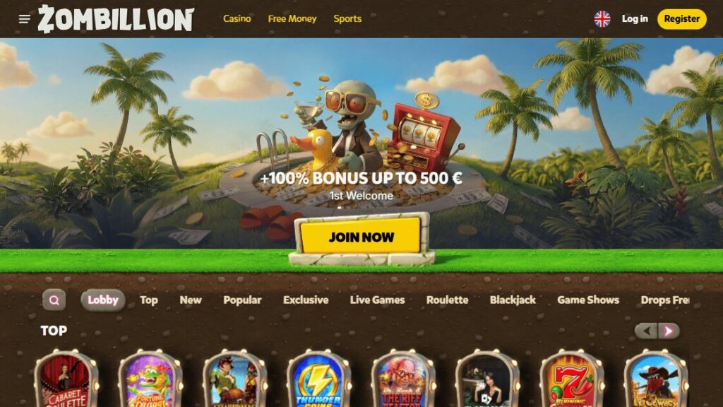 zombillion casino zonder cruks homepage screenshot
